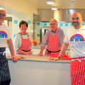 L-R Dean Jenkins, Francis House chef with volunteers Margaret Derbyshire, Derek Charleston and chef Simon Rimmer at opening of new hospice kitchen