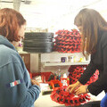 Caroline Nokes makes a poppy as she meets disabled veterans at The Poppy Factory