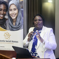Caroline Phansi presenting the Contento Social Homes Impact Report during the 2026 Impact Report Release and Fundraising Dinner Ball in Birmingham.