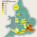 Map of England showing the top 15 counties for St George