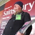 Big Issue North vendor Gordon outside his usual pitch, Sainsbury
