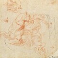 Raffaello Santi, called Raffael (Urbino 1483 - 1520 Rome) Study for the Battle of the Milvian Bridge: a rider and head and eye of a horse, red chalk a