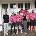 The winning team – 2 Gunners 2 Cannons – celebrating their win with Charlie Hicks from EIC Insurance and Stella Kubale from the Chilterns Neuro Centre