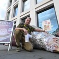 Chris Packham posing with the 4-metre "Frankenwrap"