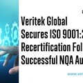 Graphic announcing Veritek Global Secures ISO 9001:2015 recertification following audit
