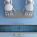 AI robot typing into a computer
