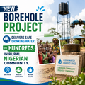 A picture showcasing a new borehole project in a rural Nigerian community. It features a flowing water tap, elevated water tank, smiling c