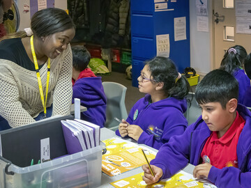 Our project co-ordinator Sonia Ebenezer-Bamigbayan with pupils at Burnley Brow Primary School, Oldham