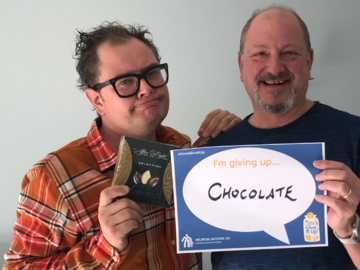 Alan Carr is giving up chocolate,. Pictured with Chairman of Neuroblastoma UK, Tony Heddon