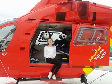This is Phoebe on the HEMS helipad on top of the Royal London Hospital just before she was discharged from hospital.