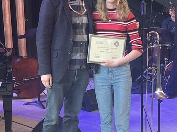 Winner Tiggy Blackwell with Head of Jazz Dr Andrew Bain. Photo courtesy RWCMD.