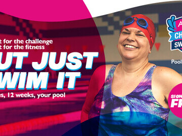 Aspire Channel Swim ad with smiling woman in pool with hands on hips