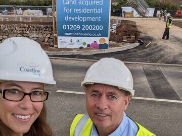 Jo Harley, Development Manager at Coastline Housing, stands with Neil Morton, Classic Builder’s Site Manager at Nancegollan.