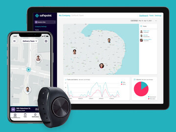 A hero shot of the complete Safepoint lone worker platform –the app, the wearable panic alarms and the online dashboard.