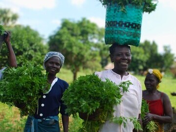A farmer balances her yield on her head and smiles at the camera.