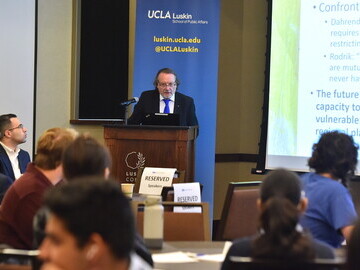 Prof. Helmut K. Anheier speaks on stage during the 2024 Berggruen Governance Index at UCLA Luskin in Los Angeles. (Jordan Strauss/AP Images)