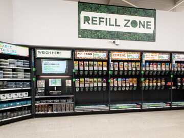Asda Middleton store refill zone with Avery Berkel weighing scale and Hanshow Electronic Shelf Labels