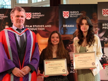 Winners Louise Simms (left) and Sarah Morrison (right) with Frank Delaney (Awards Convenor). Photo courtesy QUB.