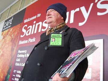 Big Issue North vendor Gordon outside his usual pitch, Sainsbury