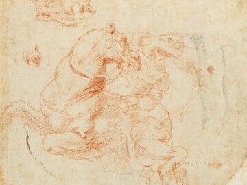 Raffaello Santi, called Raffael (Urbino 1483 - 1520 Rome) Study for the Battle of the Milvian Bridge: a rider and head and eye of a horse, red chalk a