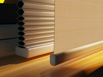 Belume Living Sleep Product image.  Blackout blind and front privacy blind with a light between mimicking  a sunrise