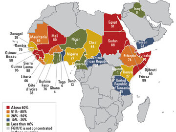 Percentage of girls and women aged 15 to 49 years who have undergone FGM, by country (UNICEF)