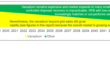 Value market share % of vanadium and other RFB in the beyond-grid market 2024-2044.  Source, Zhar Research report, “Redox Flow Batteries