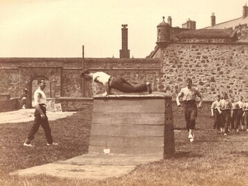 Argyll recuits gymnastics outisde Stirling Castle 1890s.