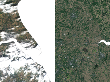 Left, a direct Sentinel-2 RGB view of the Humber region, right, the  equivalent ClearSky prediction for the same day.