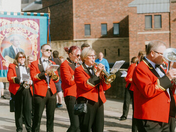 Members of the Durham Miners Association Brass Band playing in the 2022 Durham Miners Gala