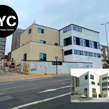 Photo showing current building progress, with architect design inset, with BYC logo in top left.