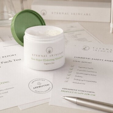Eternal Skincare product alongside illustrative testing and assessment documentation.