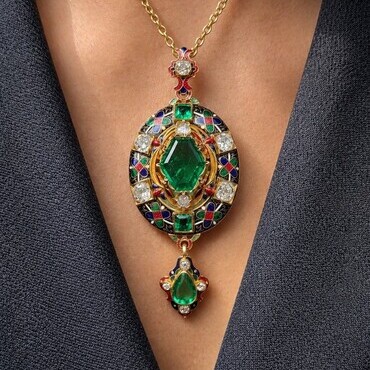  Rare Victorian Holbeinesque Emerald and Diamond Pendant