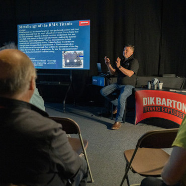 Dik Barton during a lecture at the Titanic Exhibition in London