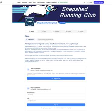 Verified club profile page — running clubs can sign up for free and create their own listing to reach new members      