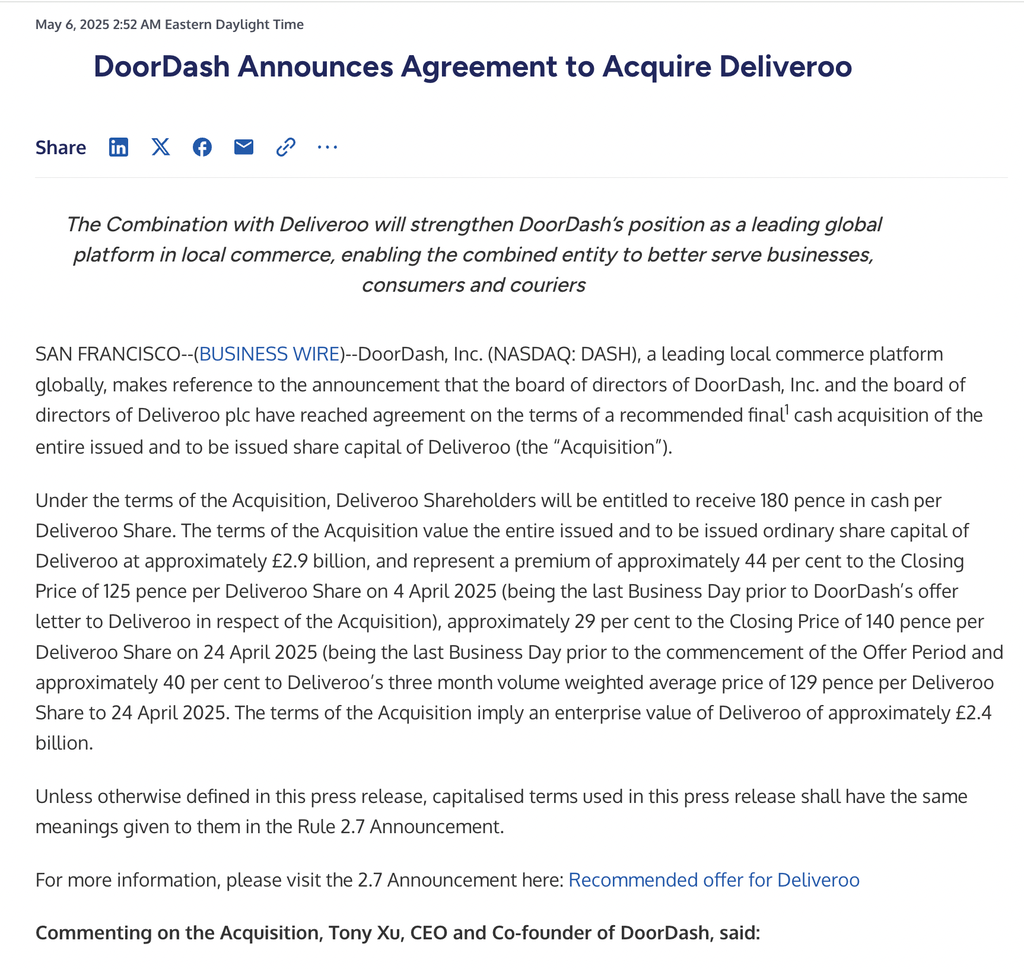 acquisition press release doordash