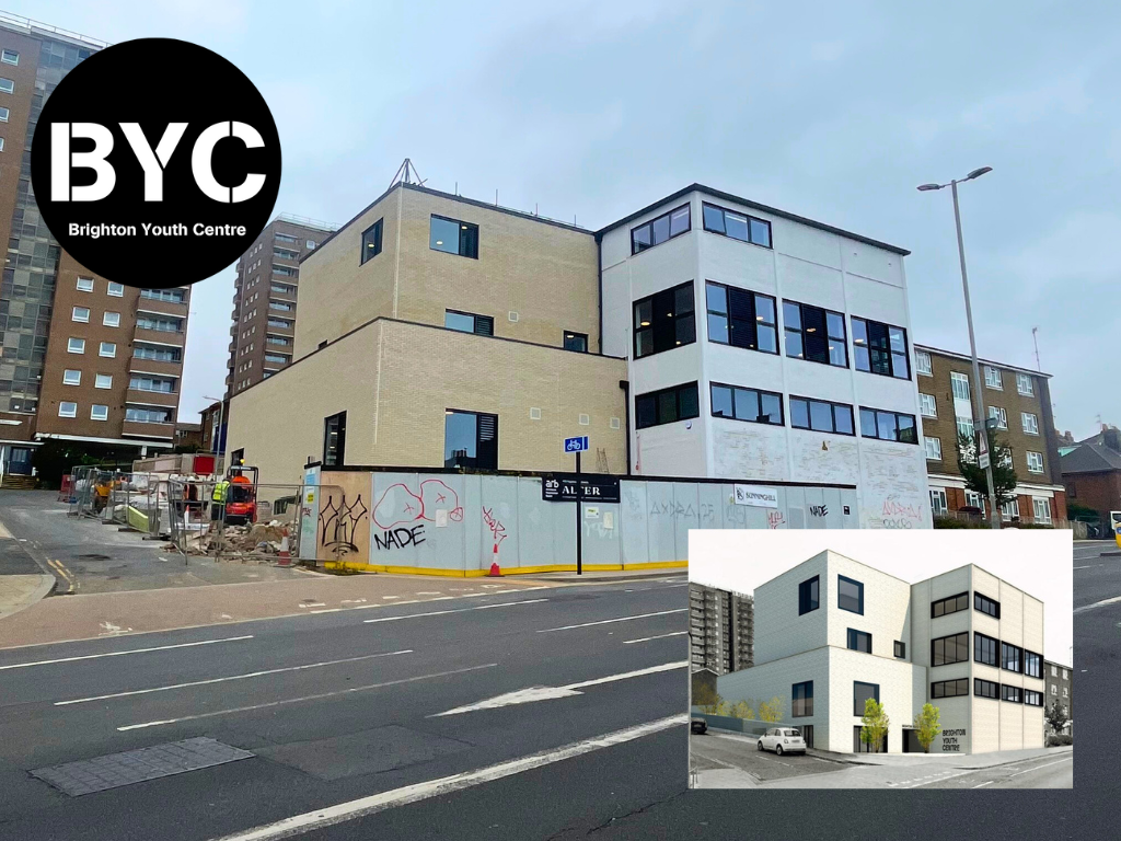 Photo showing current building progress, with architect design inset, with BYC logo in top left.