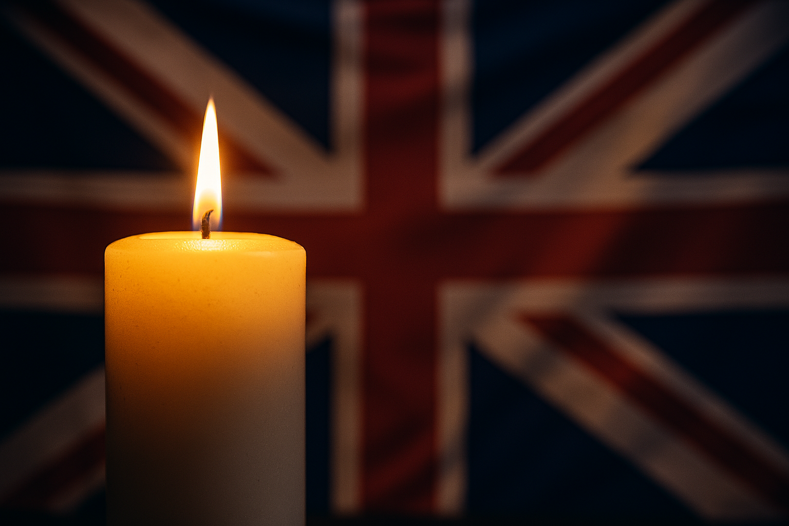 Lit candle with blurred Union Flag—symbolising mourning, unity, and quiet dignity without politicisation. Lit candle with blurred Union Flag—symbolising mourning, unity, and quiet dignity without politicisation.